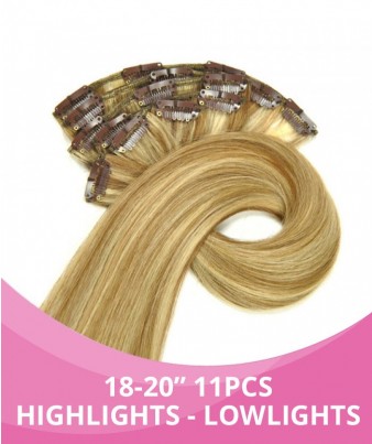 18''-20'' GBB Clip In Hair Extensions 100% Remy Hair - 11pcs - Highlights - lowlights