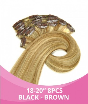 18''-20'' GBB Clip In Hair Extensions 100% Remy Hair - 8pcs - Black - Brown 